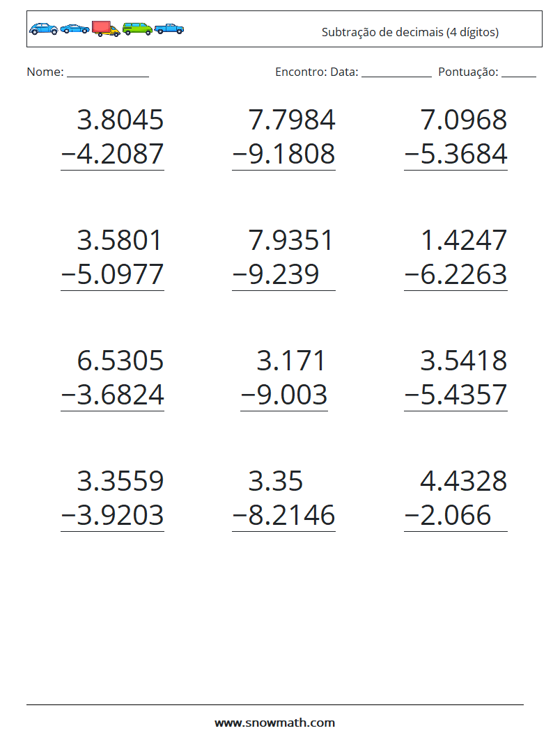 (12) Subtração de decimais (4 dígitos) planilhas matemáticas 10