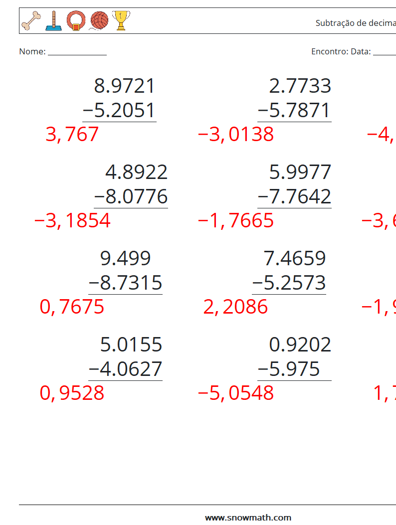 (12) Subtração de decimais (4 dígitos) planilhas matemáticas 11 Pergunta, Resposta