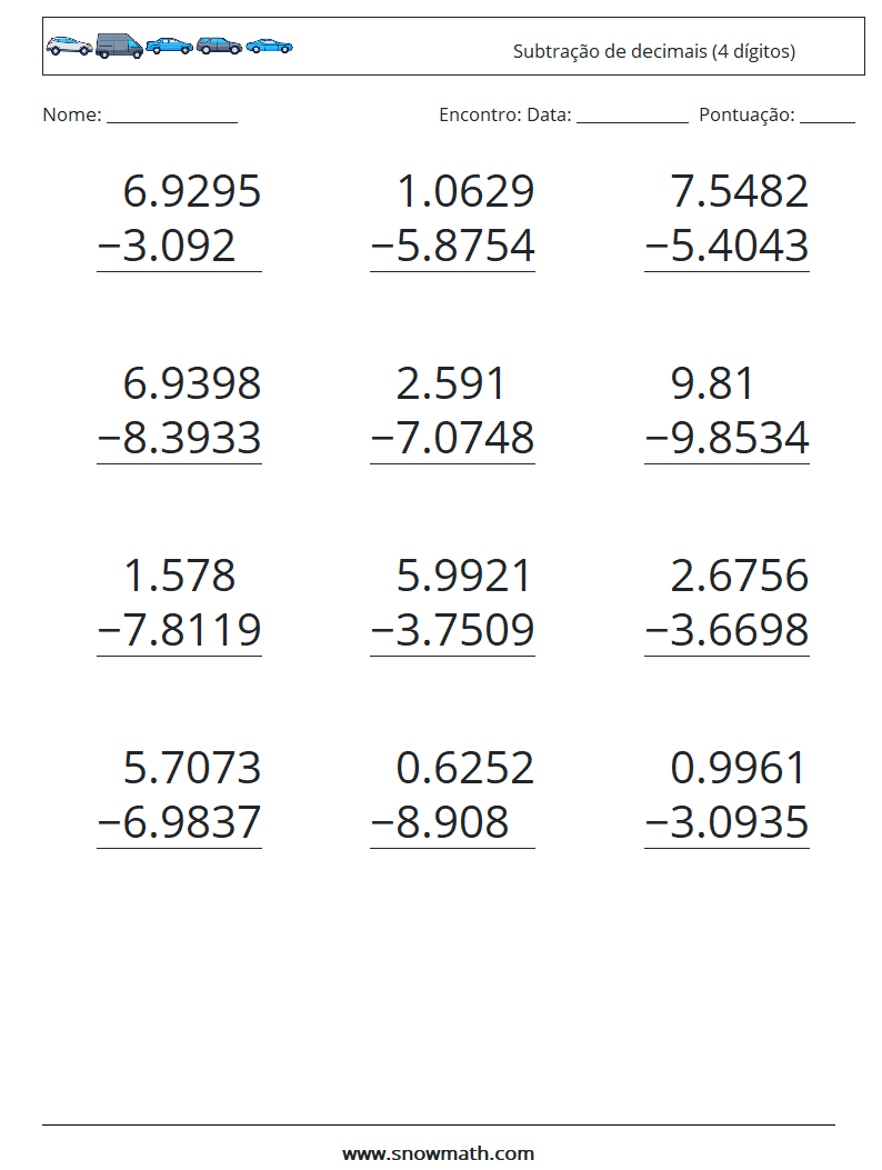 (12) Subtração de decimais (4 dígitos) planilhas matemáticas 12