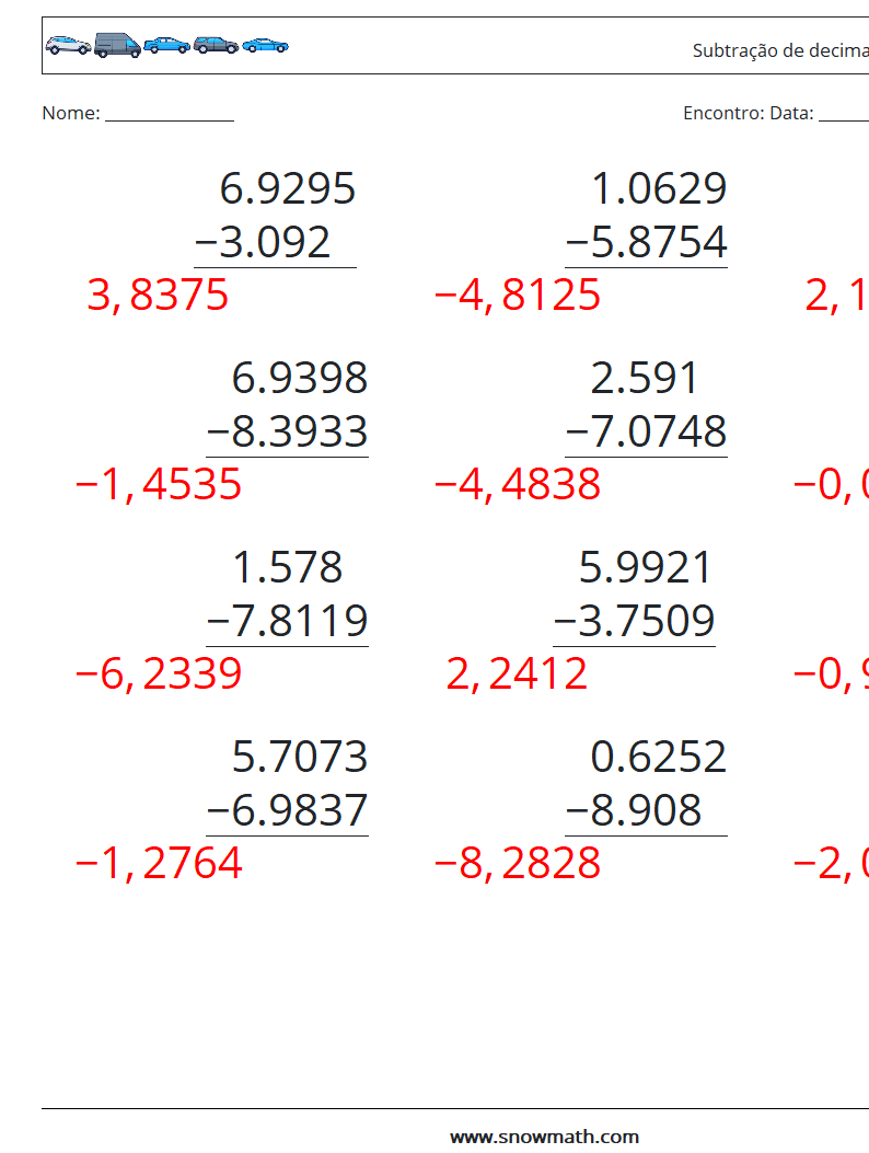 (12) Subtração de decimais (4 dígitos) planilhas matemáticas 12 Pergunta, Resposta