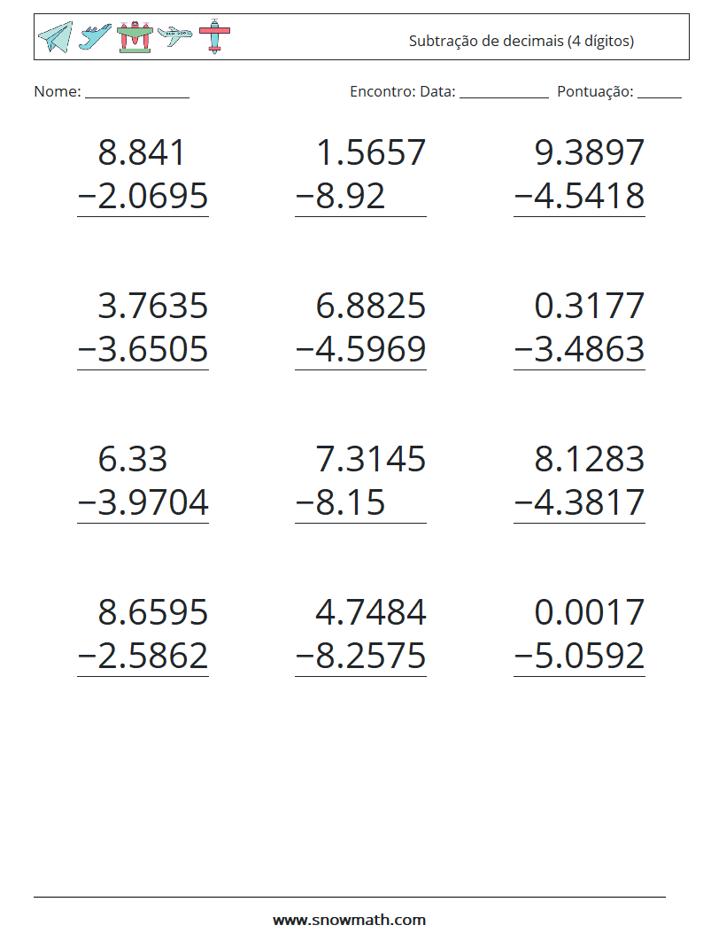 (12) Subtração de decimais (4 dígitos) planilhas matemáticas 13