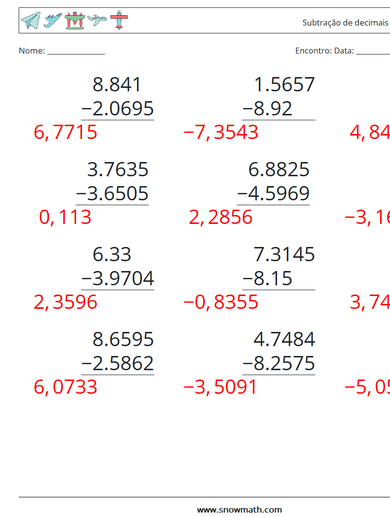 (12) Subtração de decimais (4 dígitos) planilhas matemáticas 13 Pergunta, Resposta