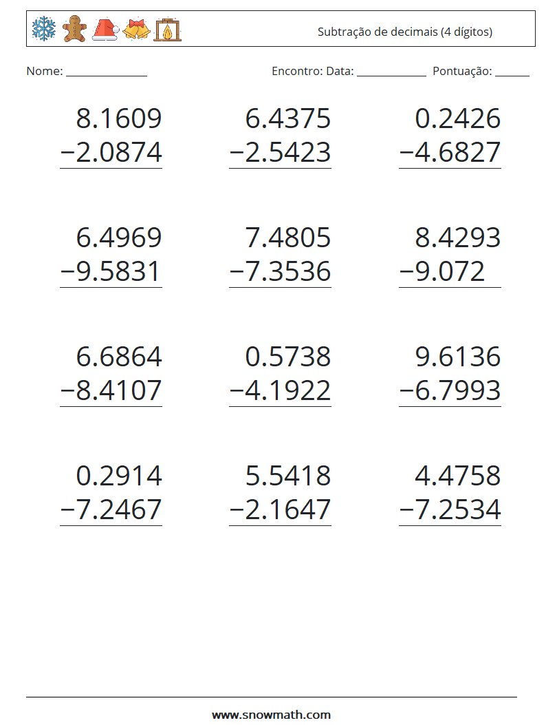 (12) Subtração de decimais (4 dígitos) planilhas matemáticas 14