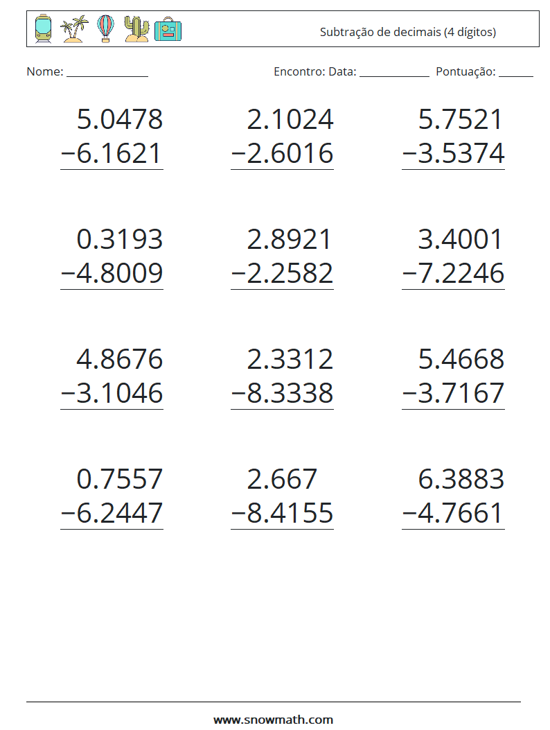 (12) Subtração de decimais (4 dígitos) planilhas matemáticas 15