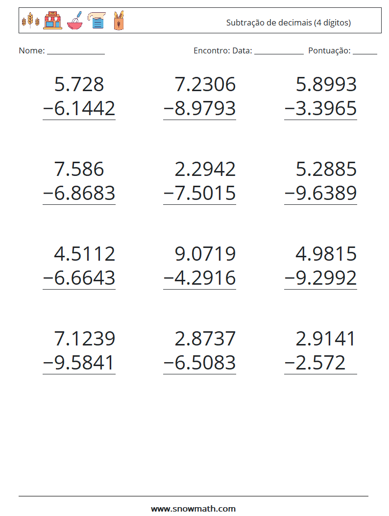 (12) Subtração de decimais (4 dígitos) planilhas matemáticas 16