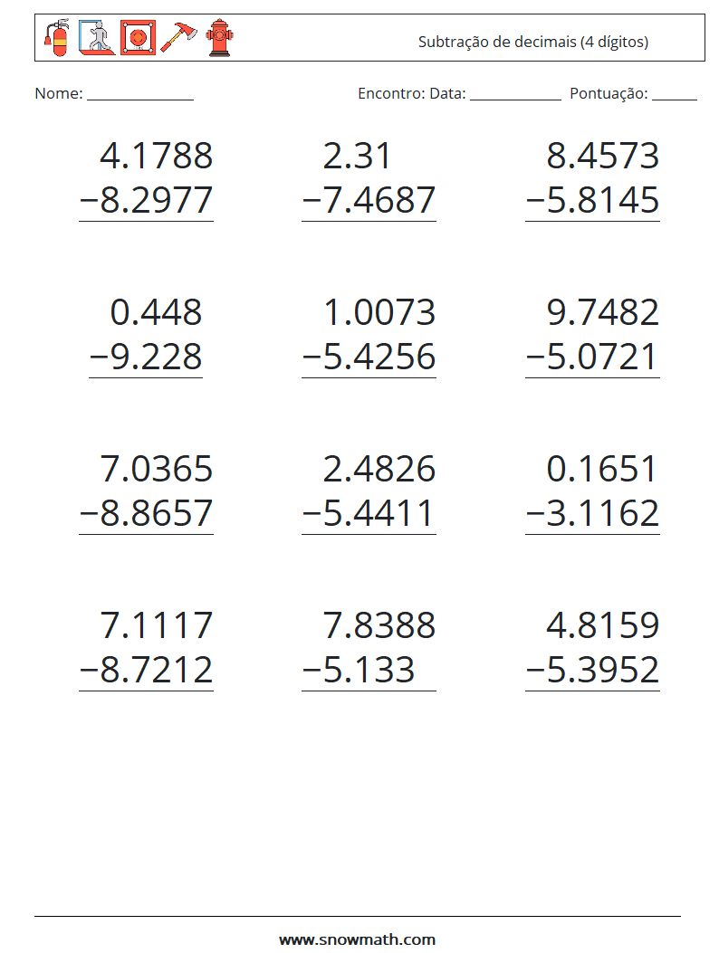 (12) Subtração de decimais (4 dígitos) planilhas matemáticas 17