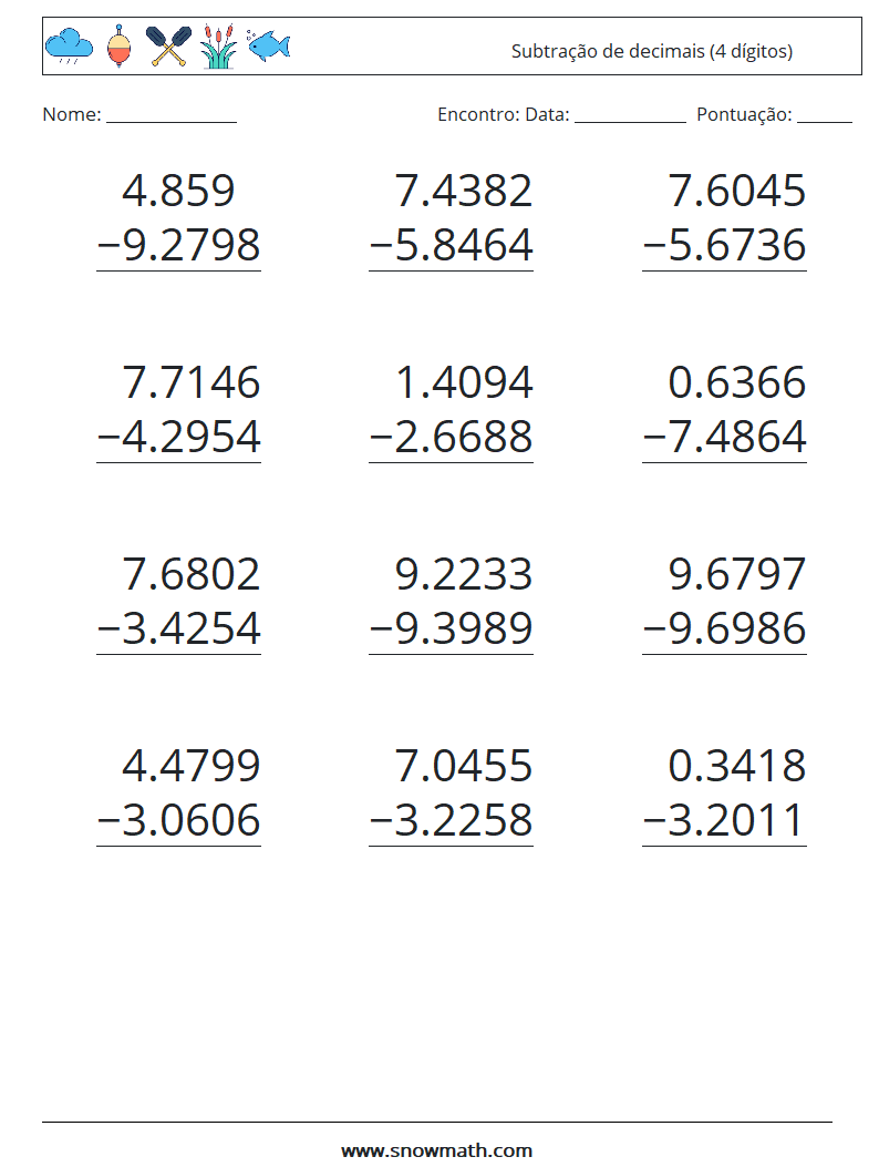 (12) Subtração de decimais (4 dígitos) planilhas matemáticas 18