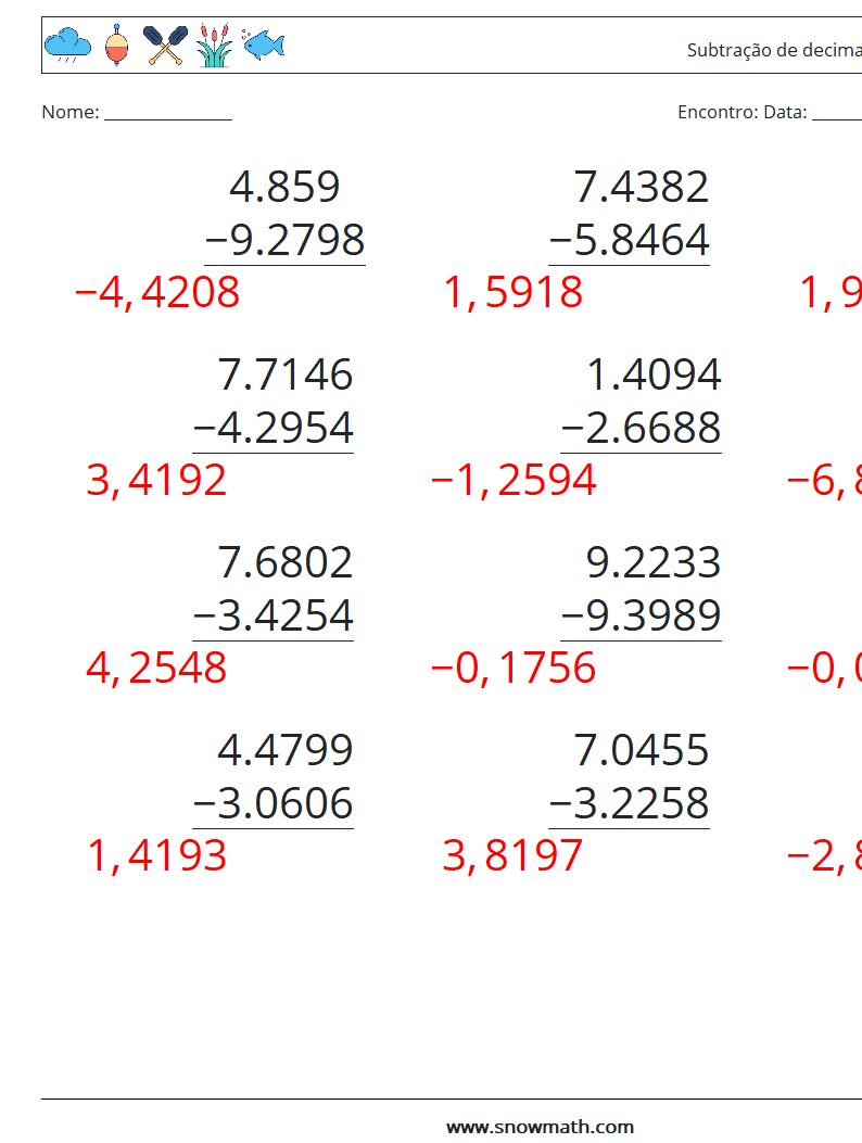 (12) Subtração de decimais (4 dígitos) planilhas matemáticas 18 Pergunta, Resposta