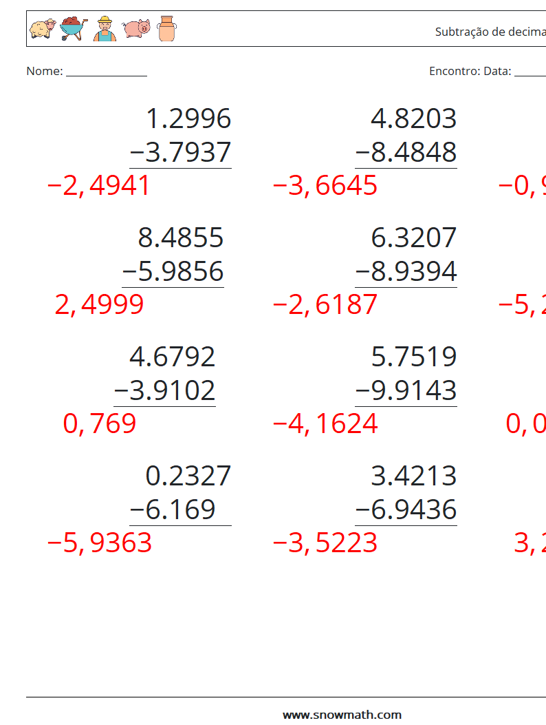 (12) Subtração de decimais (4 dígitos) planilhas matemáticas 1 Pergunta, Resposta