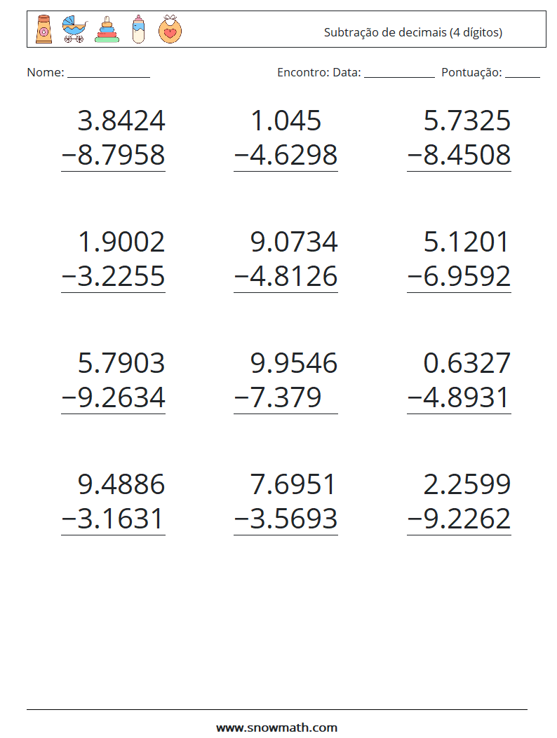 (12) Subtração de decimais (4 dígitos) planilhas matemáticas 2