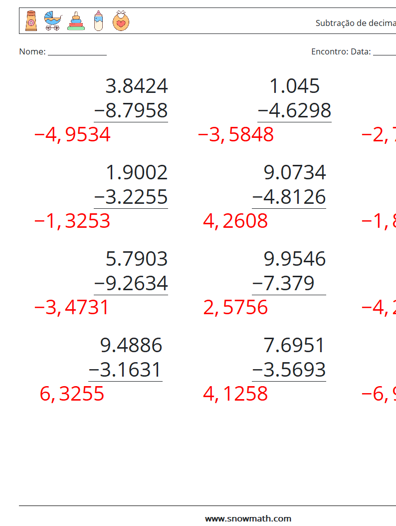 (12) Subtração de decimais (4 dígitos) planilhas matemáticas 2 Pergunta, Resposta