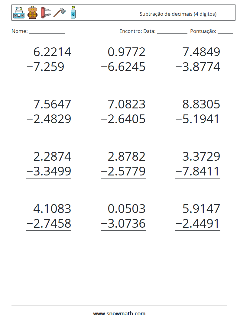 (12) Subtração de decimais (4 dígitos) planilhas matemáticas 3