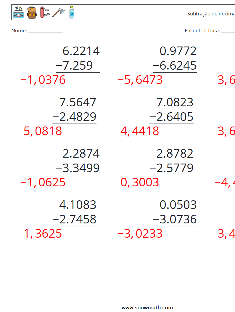 (12) Subtração de decimais (4 dígitos) planilhas matemáticas 3 Pergunta, Resposta