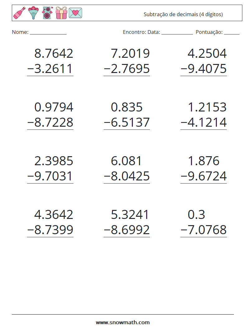 (12) Subtração de decimais (4 dígitos) planilhas matemáticas 4