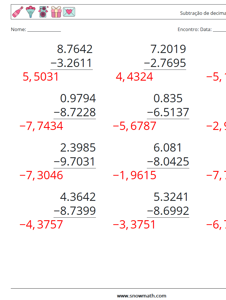 (12) Subtração de decimais (4 dígitos) planilhas matemáticas 4 Pergunta, Resposta