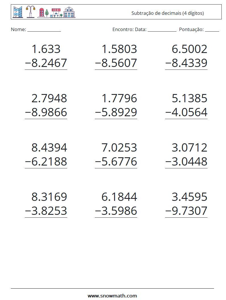 (12) Subtração de decimais (4 dígitos) planilhas matemáticas 5