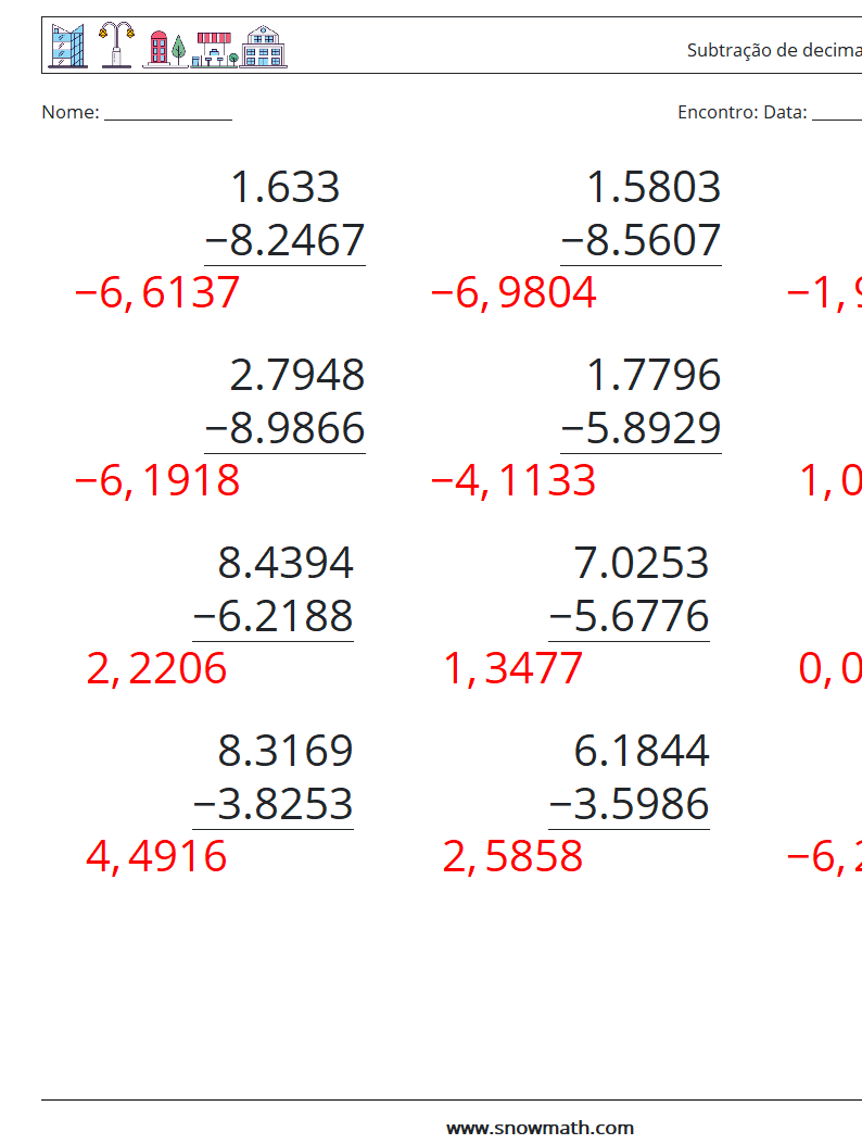 (12) Subtração de decimais (4 dígitos) planilhas matemáticas 5 Pergunta, Resposta