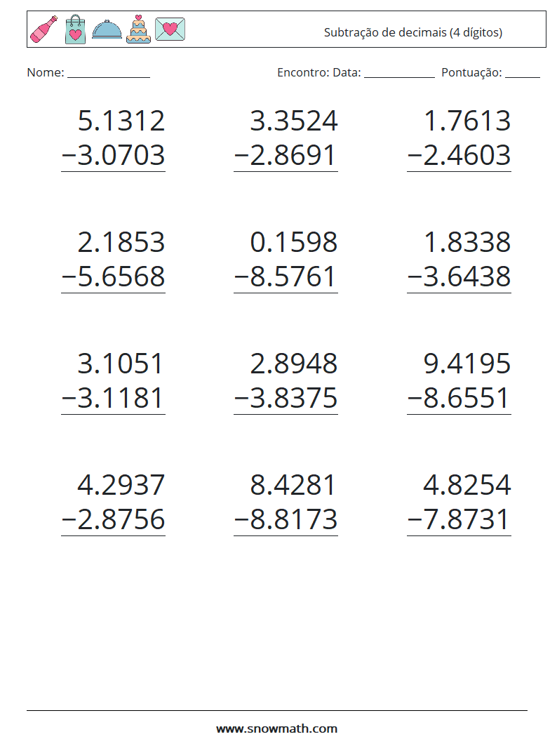 (12) Subtração de decimais (4 dígitos) planilhas matemáticas 6