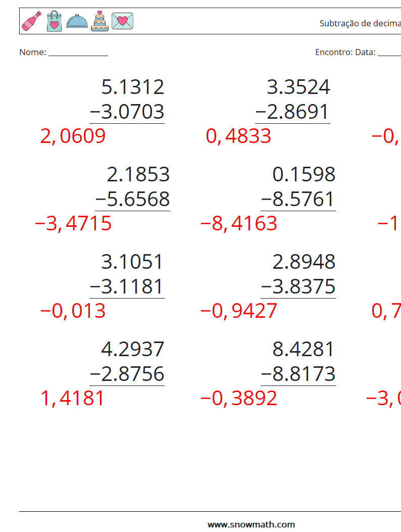 (12) Subtração de decimais (4 dígitos) planilhas matemáticas 6 Pergunta, Resposta