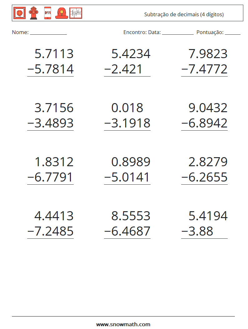 (12) Subtração de decimais (4 dígitos) planilhas matemáticas 7