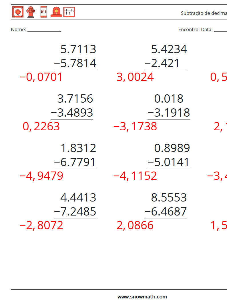 (12) Subtração de decimais (4 dígitos) planilhas matemáticas 7 Pergunta, Resposta