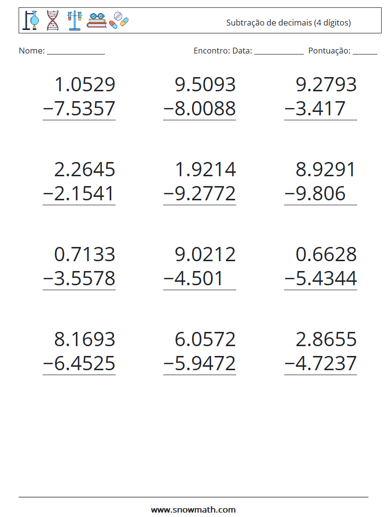 (12) Subtração de decimais (4 dígitos) planilhas matemáticas 8