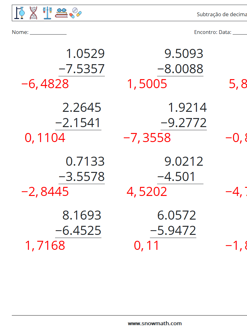 (12) Subtração de decimais (4 dígitos) planilhas matemáticas 8 Pergunta, Resposta