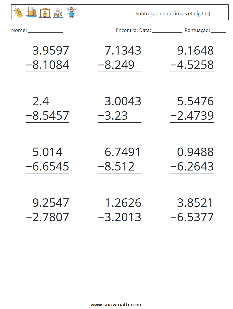 (12) Subtração de decimais (4 dígitos) planilhas matemáticas 9