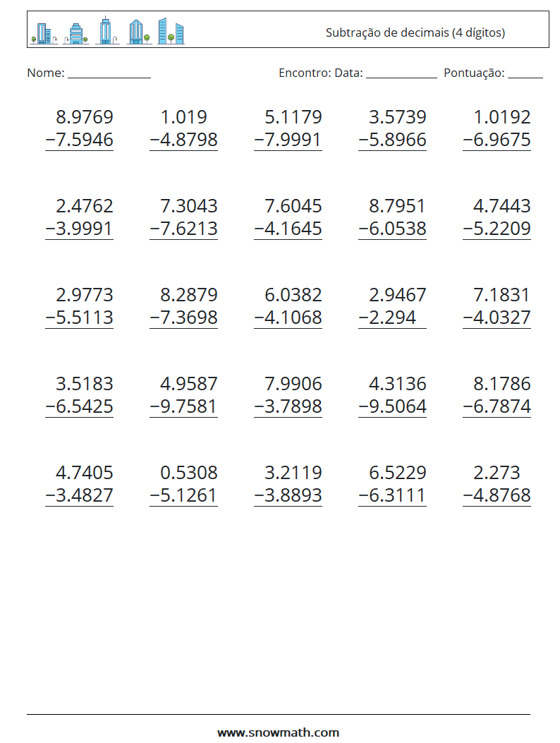 (25) Subtração de decimais (4 dígitos) planilhas matemáticas 1