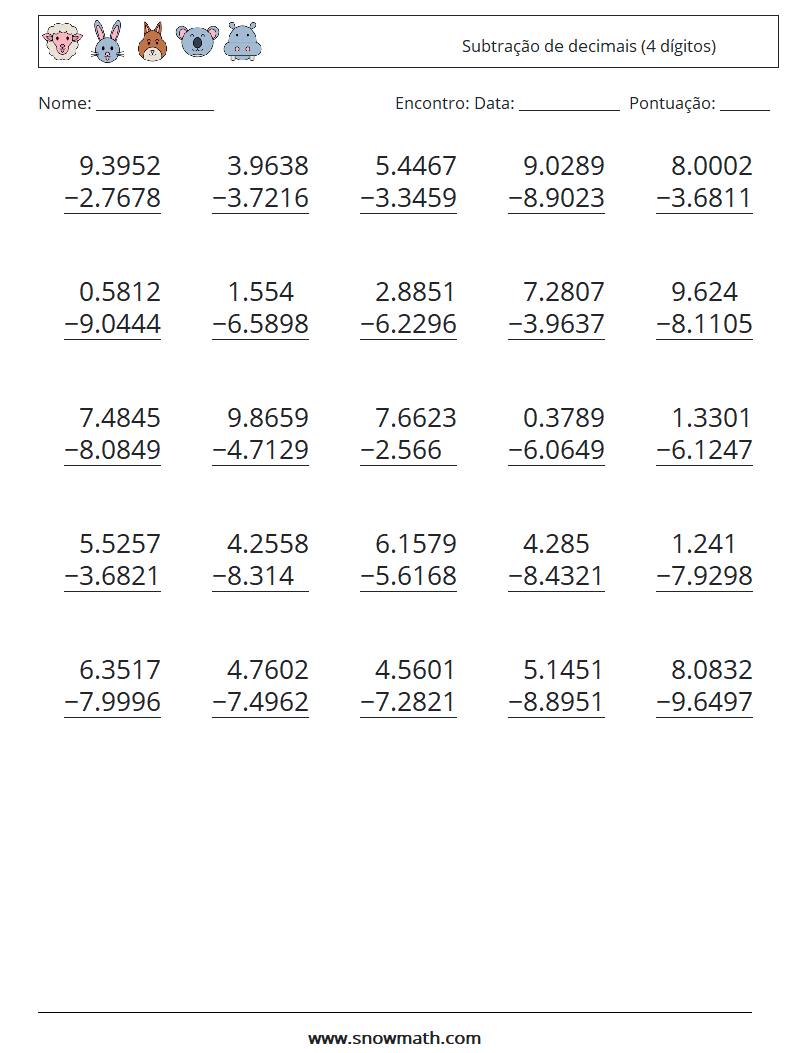 (25) Subtração de decimais (4 dígitos) planilhas matemáticas 10