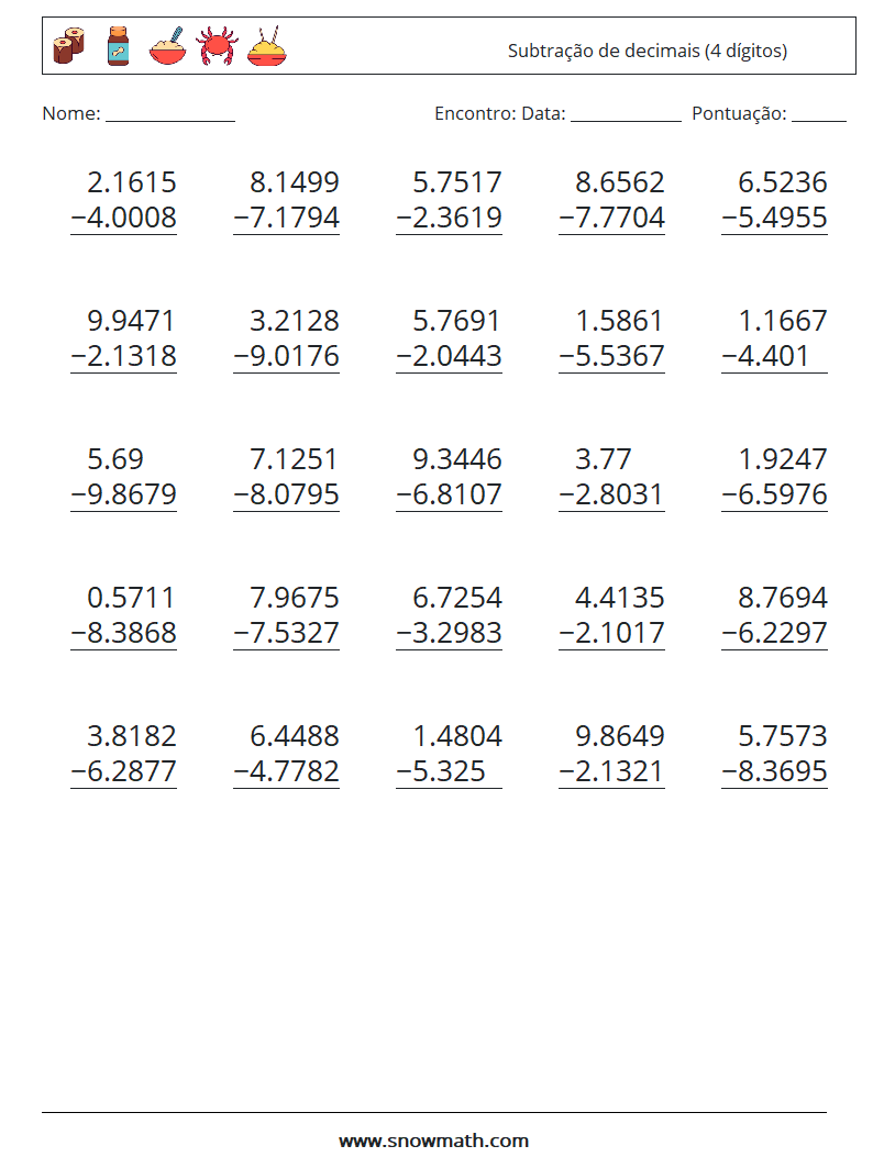 (25) Subtração de decimais (4 dígitos) planilhas matemáticas 11