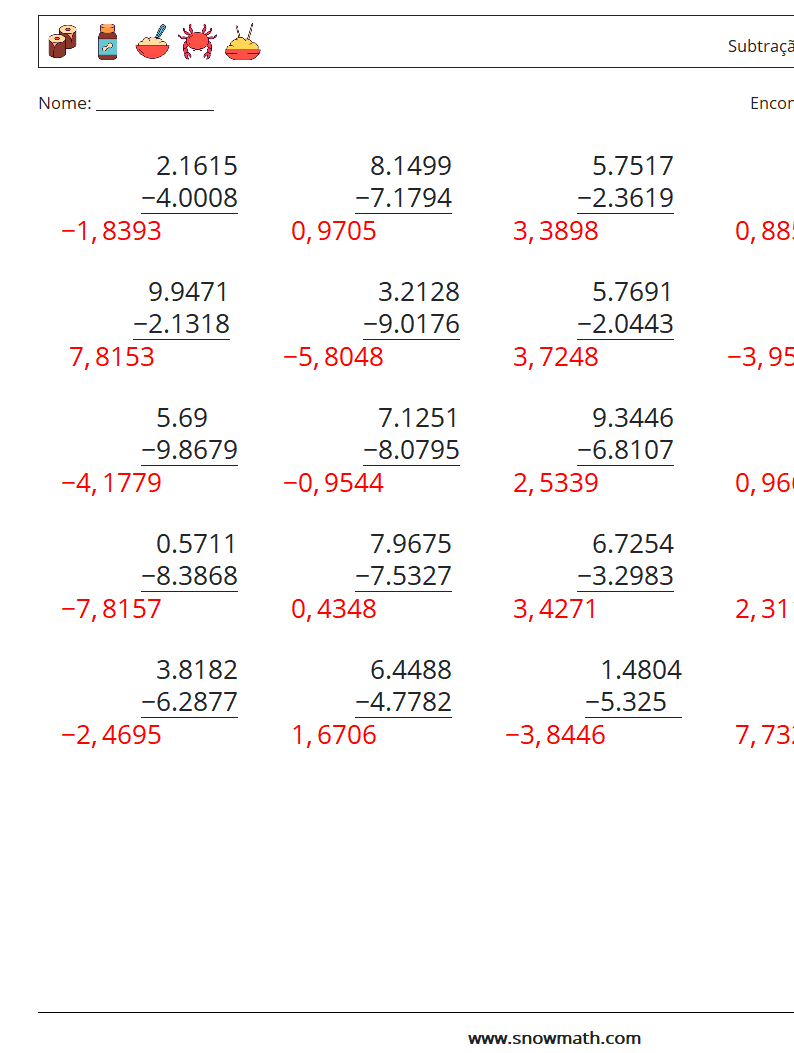 (25) Subtração de decimais (4 dígitos) planilhas matemáticas 11 Pergunta, Resposta