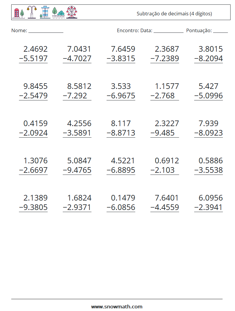 (25) Subtração de decimais (4 dígitos) planilhas matemáticas 12