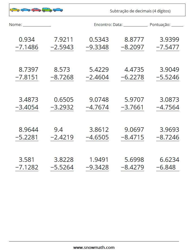 (25) Subtração de decimais (4 dígitos) planilhas matemáticas 14