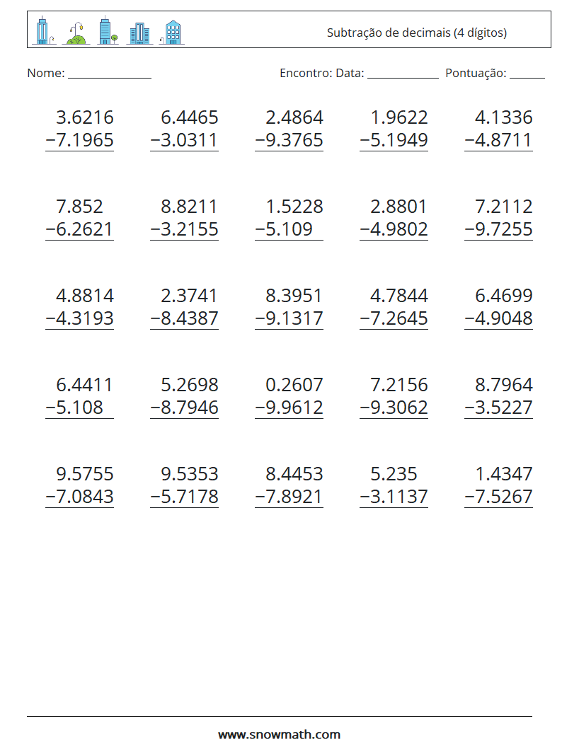 (25) Subtração de decimais (4 dígitos) planilhas matemáticas 15