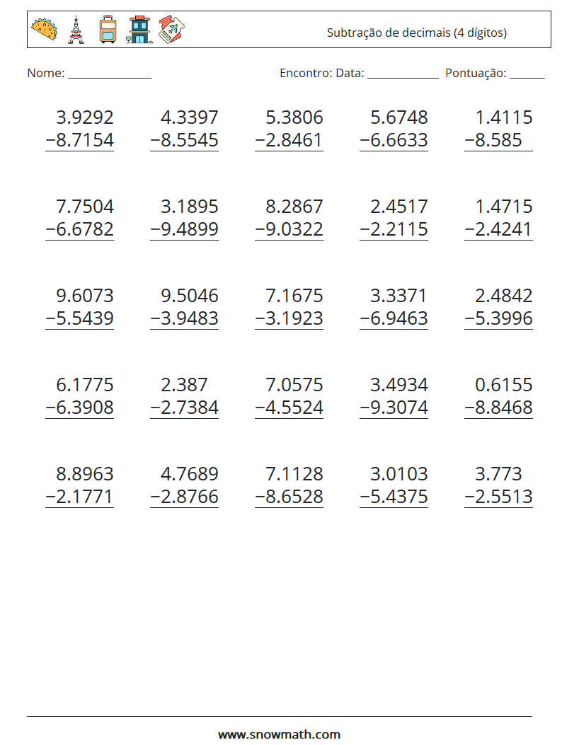 (25) Subtração de decimais (4 dígitos) planilhas matemáticas 16