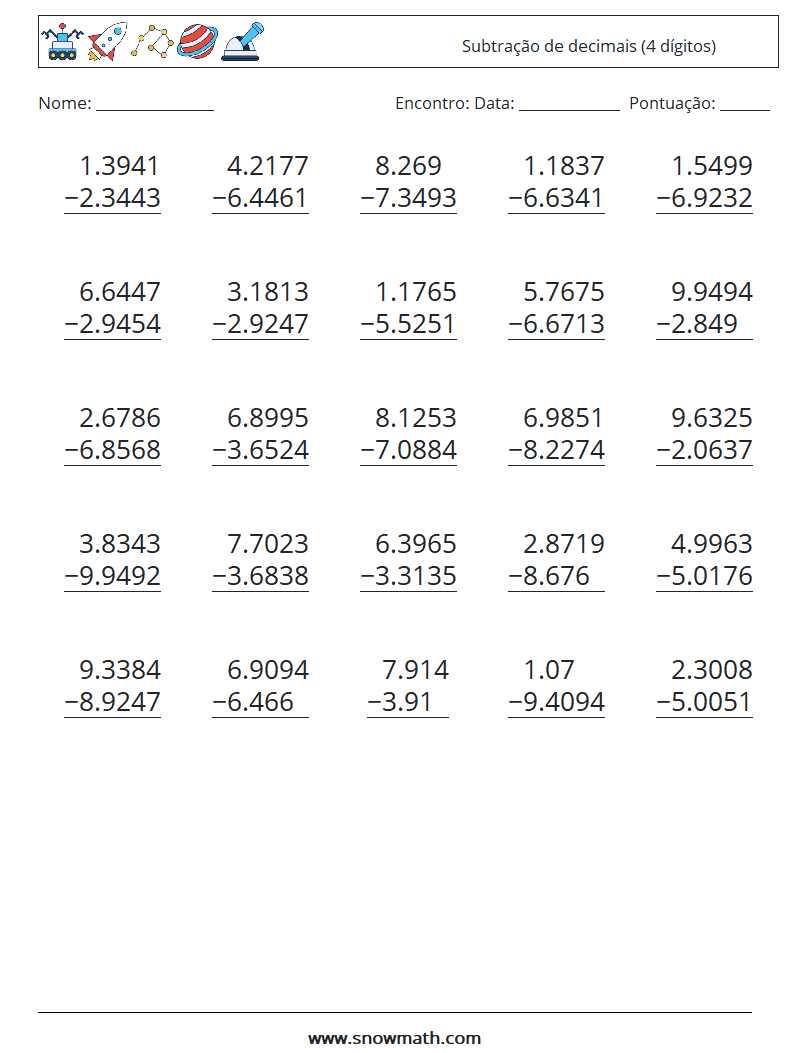 (25) Subtração de decimais (4 dígitos) planilhas matemáticas 18