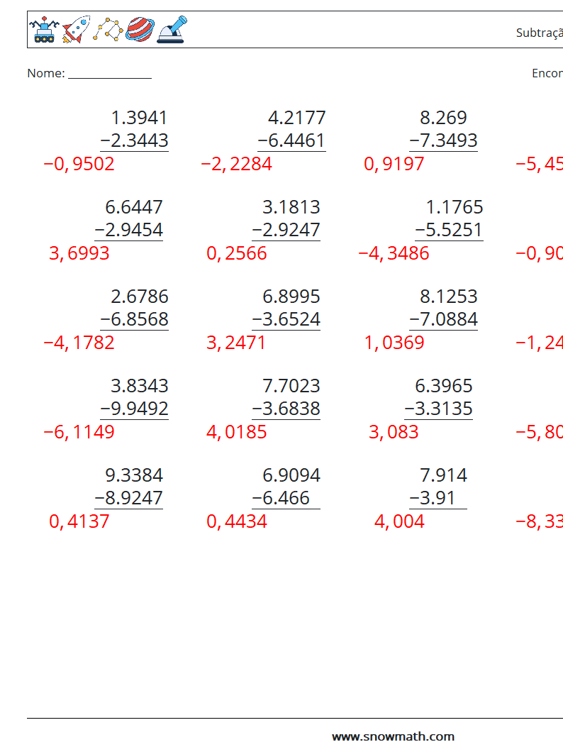 (25) Subtração de decimais (4 dígitos) planilhas matemáticas 18 Pergunta, Resposta