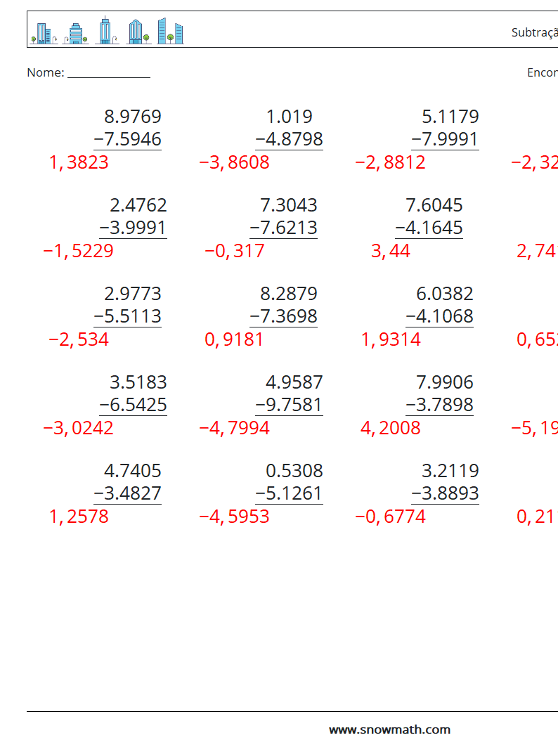 (25) Subtração de decimais (4 dígitos) planilhas matemáticas 1 Pergunta, Resposta