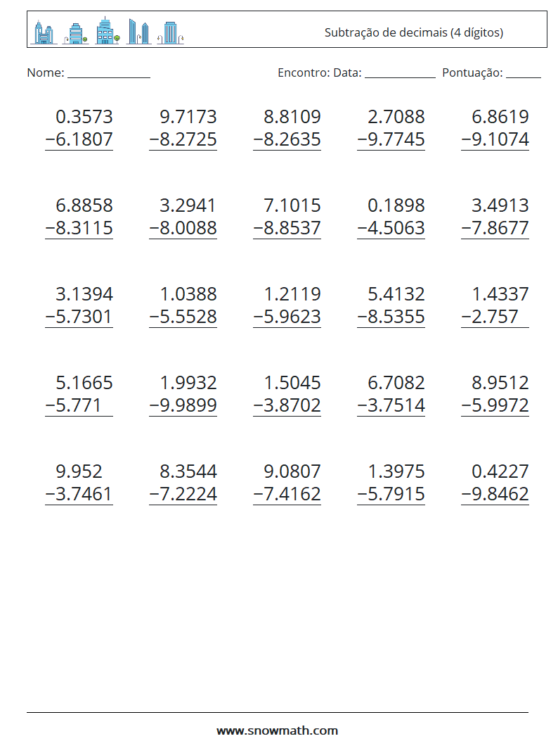 (25) Subtração de decimais (4 dígitos) planilhas matemáticas 2