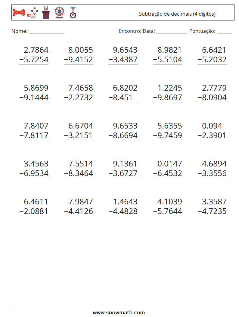 (25) Subtração de decimais (4 dígitos) planilhas matemáticas 3