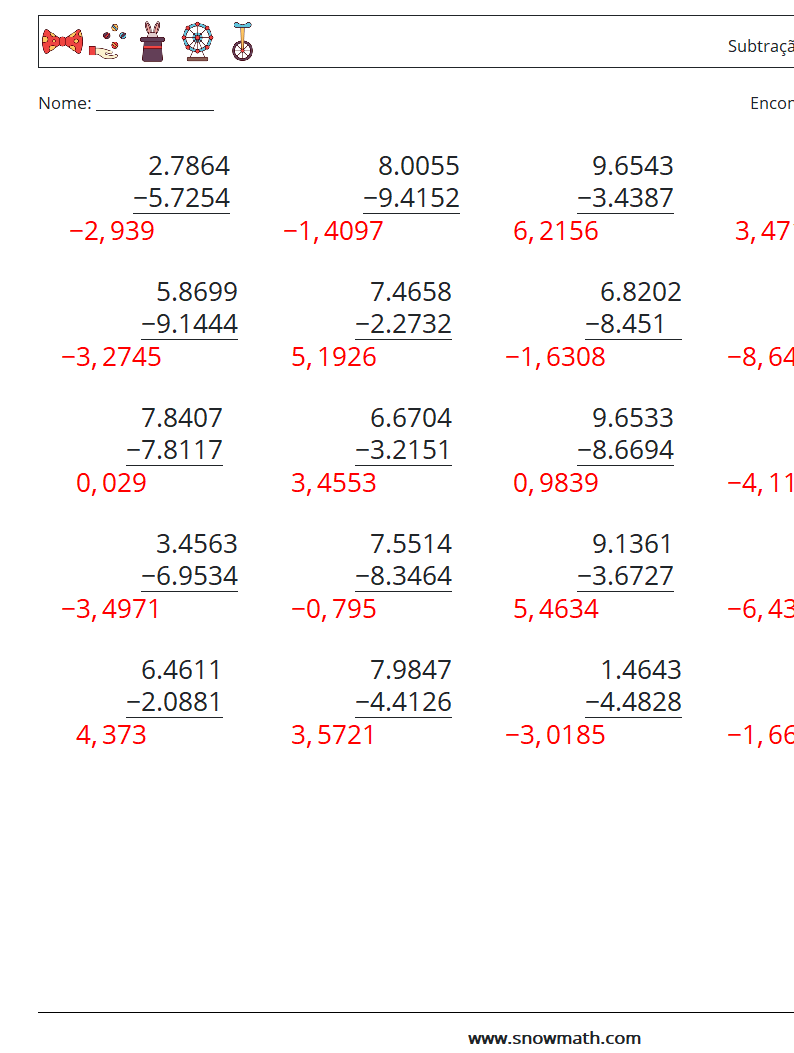 (25) Subtração de decimais (4 dígitos) planilhas matemáticas 3 Pergunta, Resposta