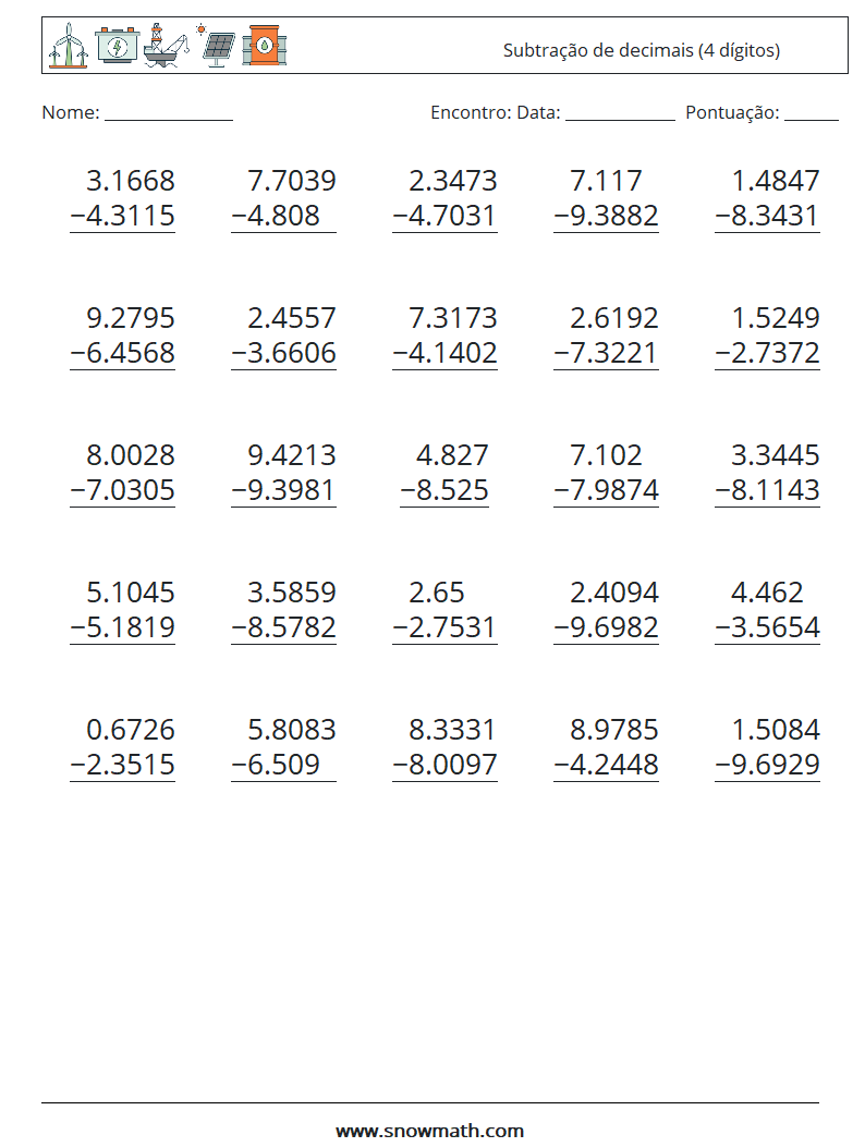 (25) Subtração de decimais (4 dígitos) planilhas matemáticas 4