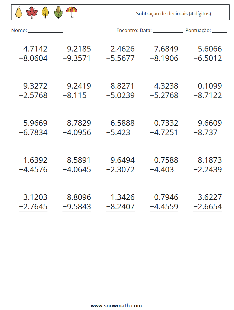 (25) Subtração de decimais (4 dígitos) planilhas matemáticas 5