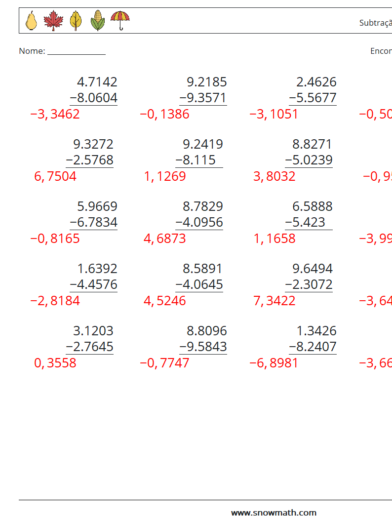 (25) Subtração de decimais (4 dígitos) planilhas matemáticas 5 Pergunta, Resposta