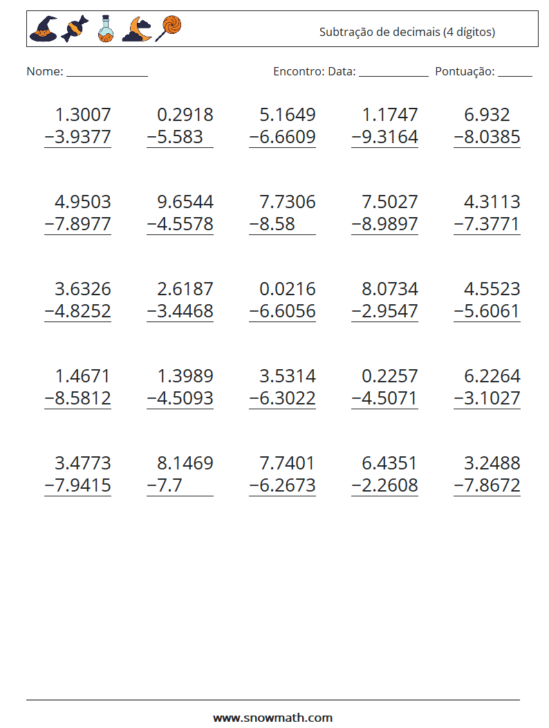 (25) Subtração de decimais (4 dígitos) planilhas matemáticas 6