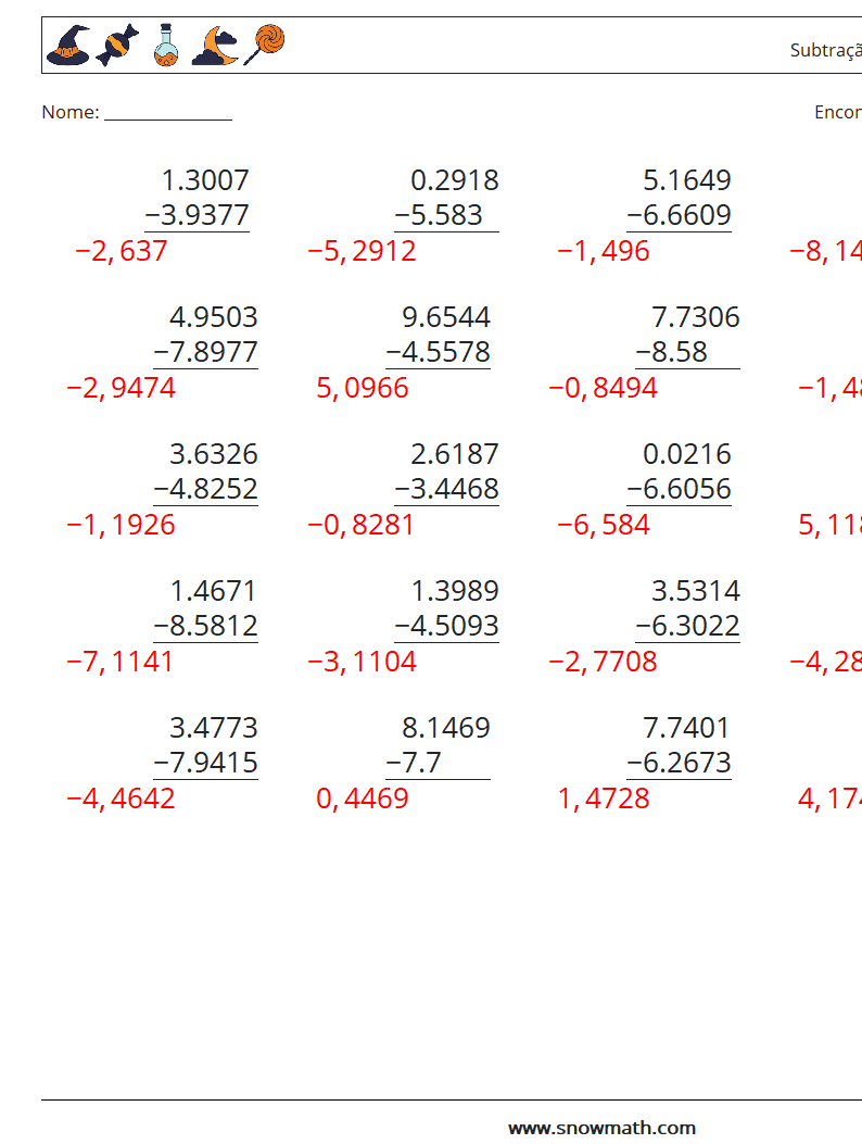 (25) Subtração de decimais (4 dígitos) planilhas matemáticas 6 Pergunta, Resposta