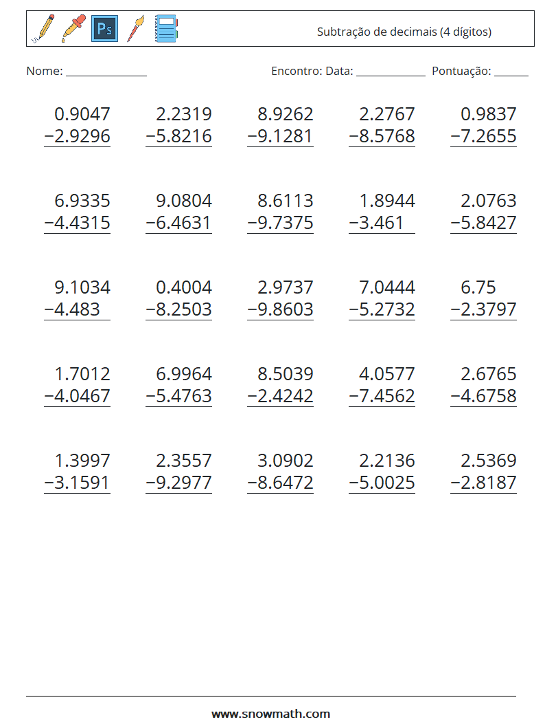 (25) Subtração de decimais (4 dígitos) planilhas matemáticas 7