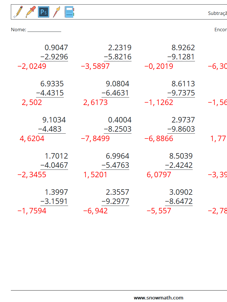 (25) Subtração de decimais (4 dígitos) planilhas matemáticas 7 Pergunta, Resposta