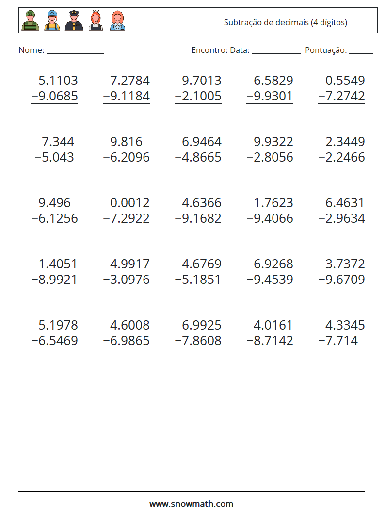 (25) Subtração de decimais (4 dígitos) planilhas matemáticas 8